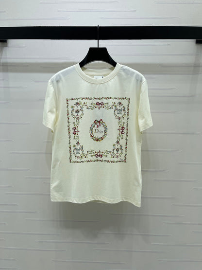 Dior 2026 Square Floral Embroidery Short-Sleeve T-Shirt Cotton 385378