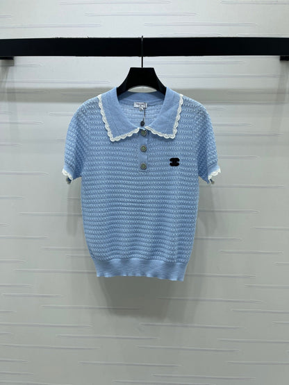 Chanel 2026  Lace-trimmed Polo Collar Knit Short-sleeved Top Cotton 390780