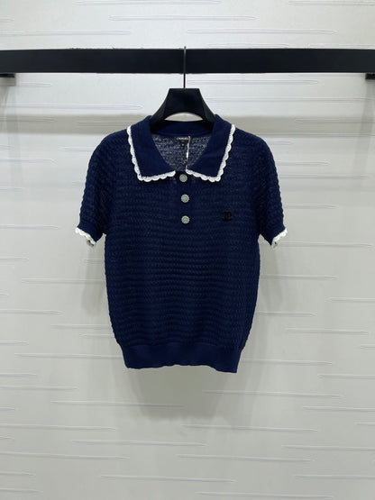 Chanel 2026  Lace-trimmed Polo Collar Knit Short-sleeved Top Cotton 390780