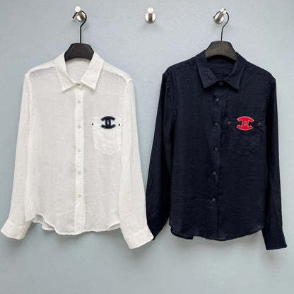 Chanel 2026 Double C Embroidery Shirt White and Navy Blue Cotton 392370