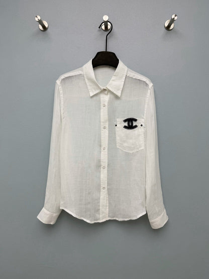 Chanel 2026 Double C Embroidery Shirt White and Navy Blue Cotton 392370