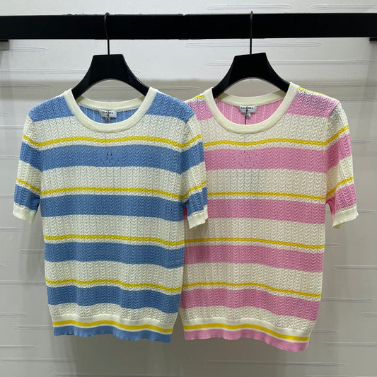 Chanel 2026 Striped Short-sleeve Top Cotton Wool Cashmere 395495