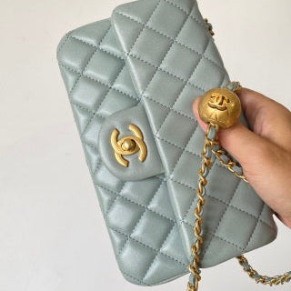 CC 25 classic flap bag 20 mini gold ball soft pastel green calfskin