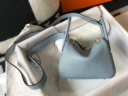 HM Mini Lindy 20cm Blue Lin Clemence Leather