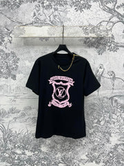 LV 25 Round Neck Metal Zipper T-Shirt Black White Cotton