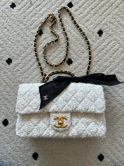 Chanel 2026 Flap Bag White Tweed Leather