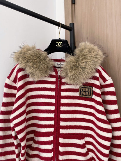 Miumiu 2025 Fur Hoodie Stripe Jacket Wool