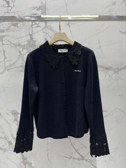Miumiu 2025 Hollow-Out Crochet Collar Age-Defying Knit Cardigan Wool