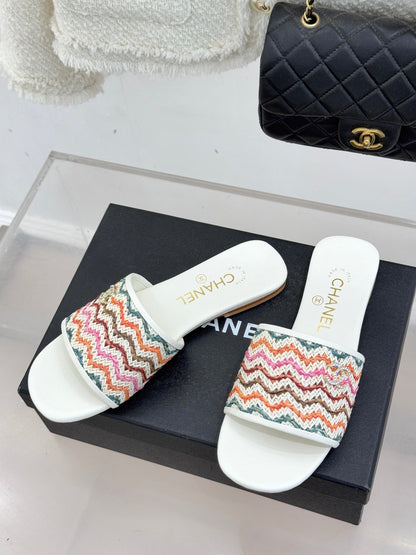 CC 2026 Knitted Double C Flat Slippers Multicolor Woven Sheepskin