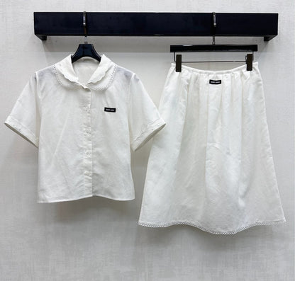 Miumiu 2026  Lace-trimmed Short-Sleeve Shirt and Skirt Set Cotton