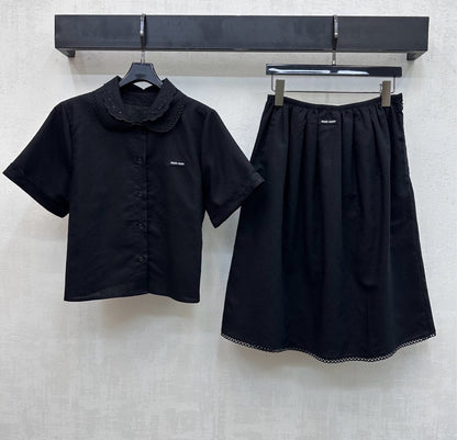 Miumiu 2026  Lace-trimmed Short-Sleeve Shirt and Skirt Set Cotton