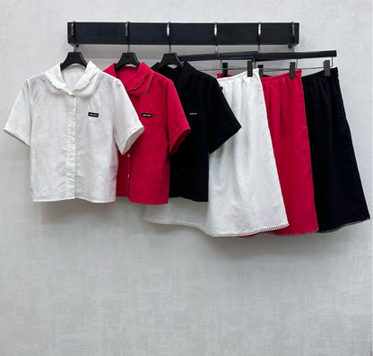 Miumiu 2026  Lace-trimmed Short-Sleeve Shirt and Skirt Set Cotton