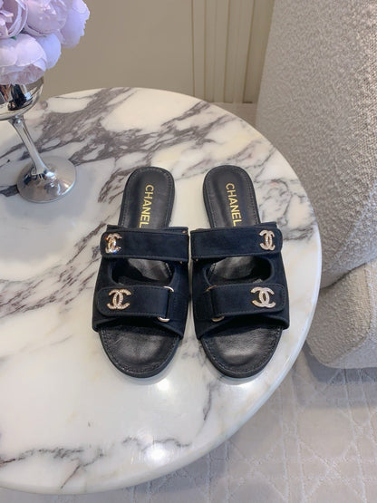 Chanel 2026 Rhinestone Buckle Flat Sandal Suede Lambskin 850851