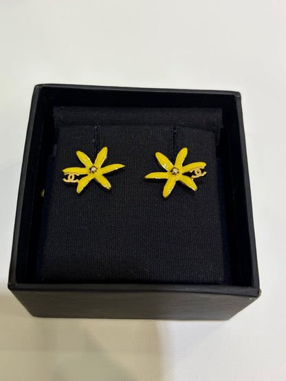 Chanel 2026 Gold Double C Blue and Yellow Enamel Flower Stud Earrings