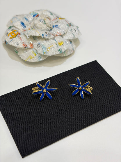 Chanel 2026 Gold Double C Blue and Yellow Enamel Flower Stud Earrings