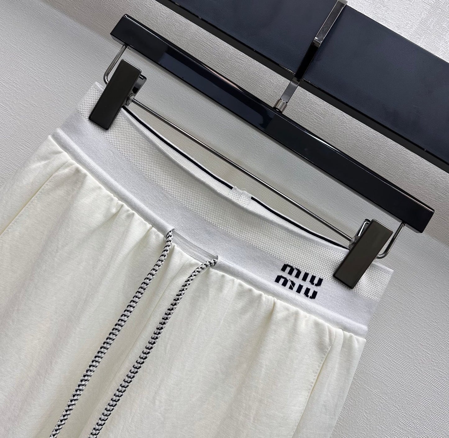 Miumiu 2026 Drawstring Webbing Pant Yellow and White Cotton Polyester