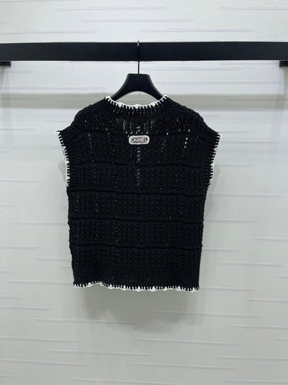 Chanel 2026 V-Neck Knit Vest Black and White Cotton Polyamide