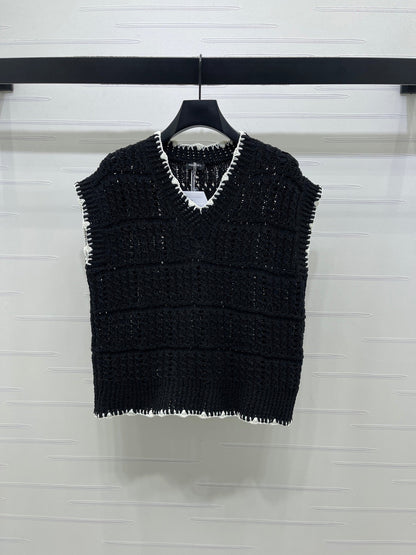 Chanel 2026 V-Neck Knit Vest Black and White Cotton Polyamide