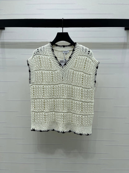 Chanel 2026 V-Neck Knit Vest Black and White Cotton Polyamide