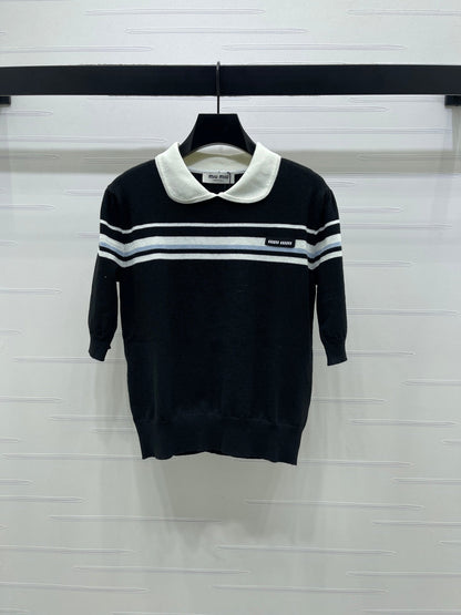 Miumiu 2026 Pan Collar Knit Short-sleeved Top Cream and Black Tencel 352458