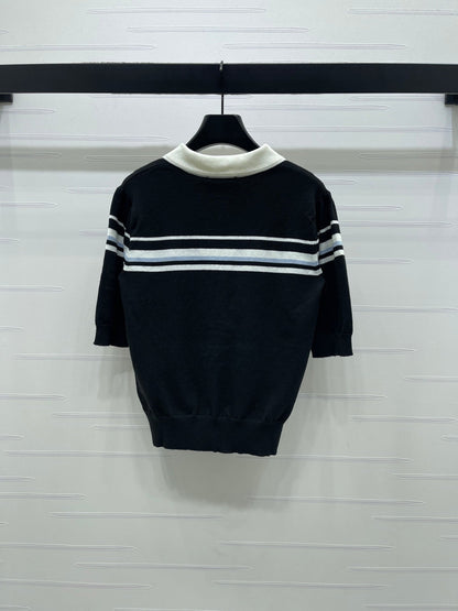 Miumiu 2026 Pan Collar Knit Short-sleeved Top Cream and Black Tencel 352458