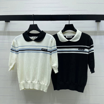 Miumiu 2026 Pan Collar Knit Short-sleeved Top Cream and Black Tencel 352458