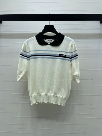Miumiu 2026 Pan Collar Knit Short-sleeved Top Cream and Black Tencel 352458
