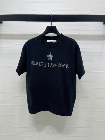 Dior 2026  Embroidered Letter Knit Short-Sleeve T-Shirt Wool