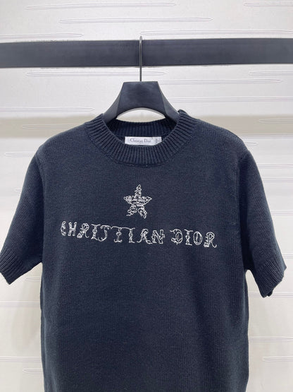 Dior 2026  Embroidered Letter Knit Short-Sleeve T-Shirt Wool
