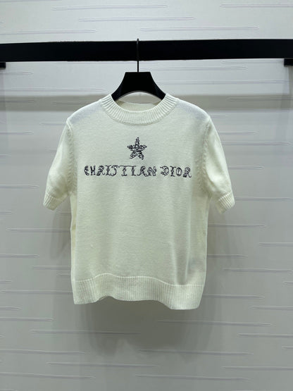 Dior 2026  Embroidered Letter Knit Short-Sleeve T-Shirt Wool