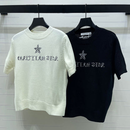 Dior 2026  Embroidered Letter Knit Short-Sleeve T-Shirt Wool