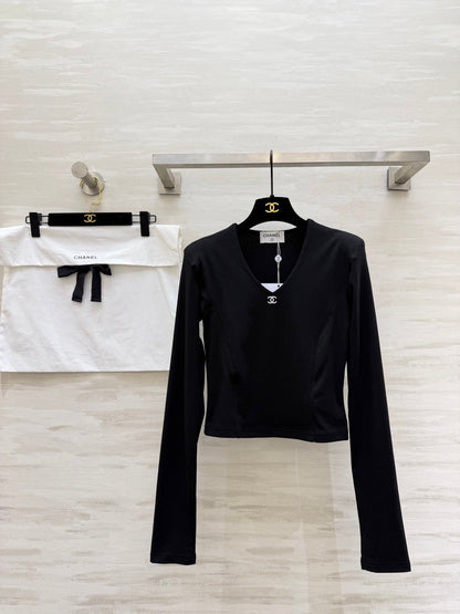 Chanel 2026 V-Neck Long-Sleeve Top Black and Off-white Cotton