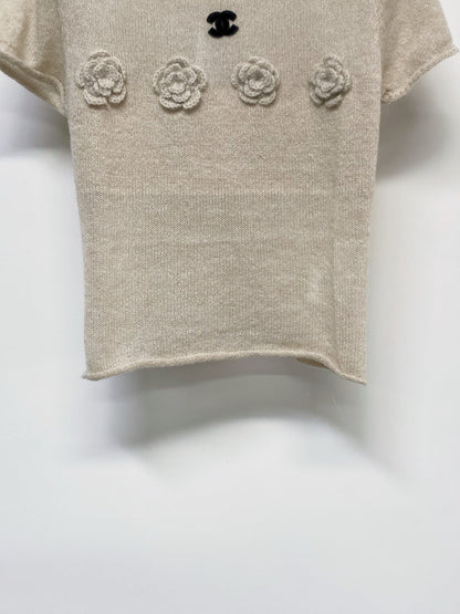 Chanel 2026 Floral Short Sleeve T-shirt Black and Beige Wool