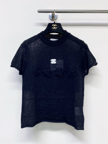 Chanel 2026 Floral Short Sleeve T-shirt Black and Beige Wool