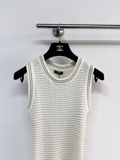 Chanel 2026 Knit Vest Cream and Navy Blue Tencel Nylon