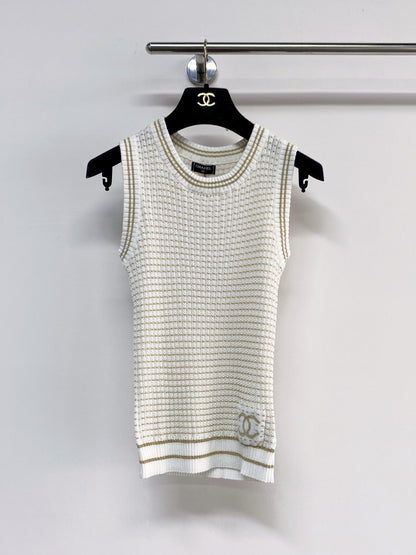 Chanel 2026 Knit Vest Cream and Navy Blue Tencel Nylon