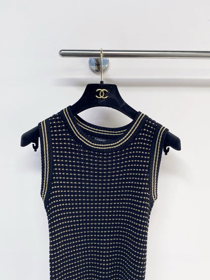 Chanel 2026 Knit Vest Cream and Navy Blue Tencel Nylon