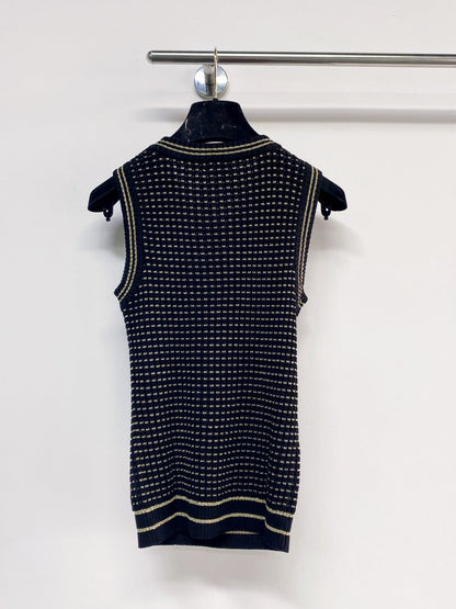 Chanel 2026 Knit Vest Cream and Navy Blue Tencel Nylon