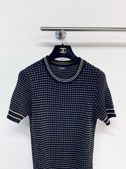 Chanel 2026  Short-Sleeve Shirt Cream and Navy Blue Tencel Nylon