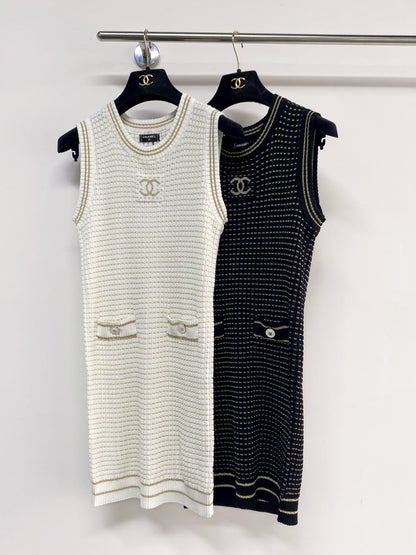 Chanel 2026 Knit Vest Dress Cream and Navy Blue Tencel Nylon
