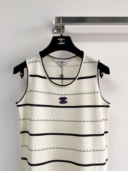 Chanel 2026 Black And White Striped Knit Tank Top Wool Cashmere
