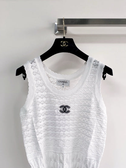 Chanel 2026 Vest White Yellow Navy Blue Wool Tencel