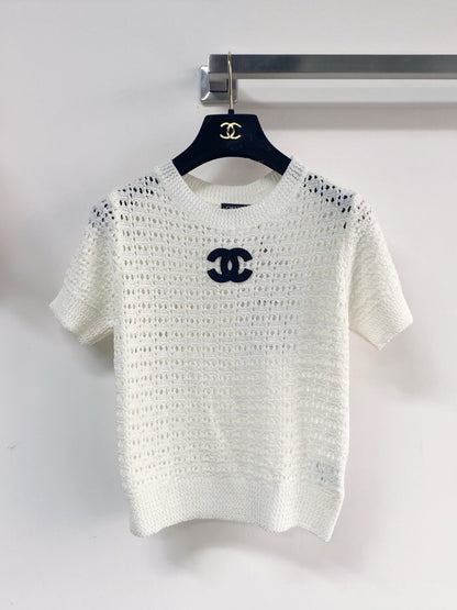 Chanel 2026 Hollow Short-Sleeve Shirt Pink Black White Wool Cashmere
