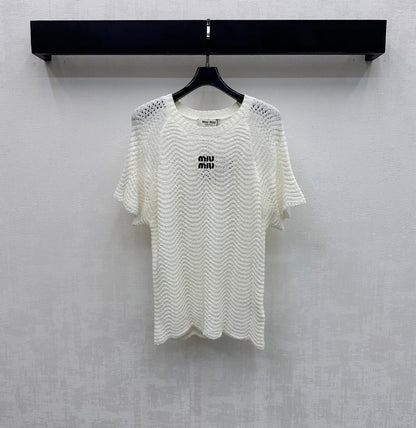 Miu Miu 2026 Wavy Pattern Short-Sleeve Knitwear Black and White Wool