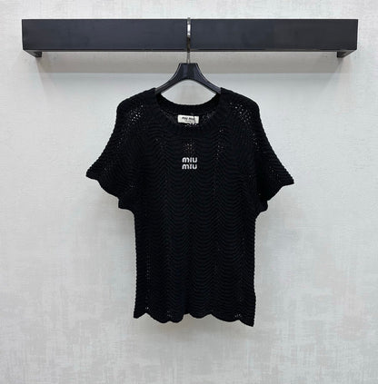 Miu Miu 2026 Wavy Pattern Short-Sleeve Knitwear Black and White Wool