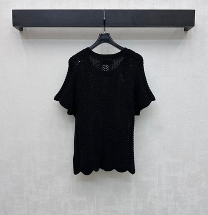Miu Miu 2026 Wavy Pattern Short-Sleeve Knitwear Black and White Wool