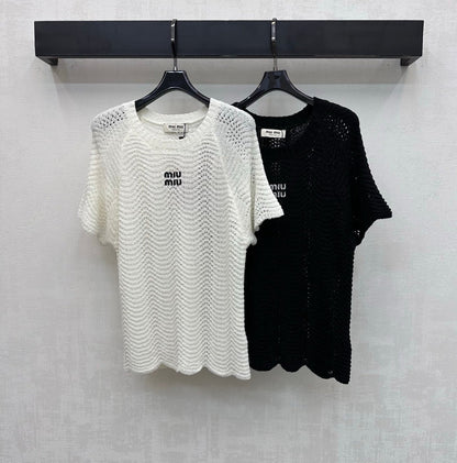Miu Miu 2026 Wavy Pattern Short-Sleeve Knitwear Black and White Wool