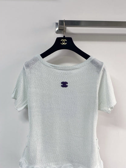 Chanel 2026 T-shirt with Flower Detail Purple Mint Green Wool Nylon 140475