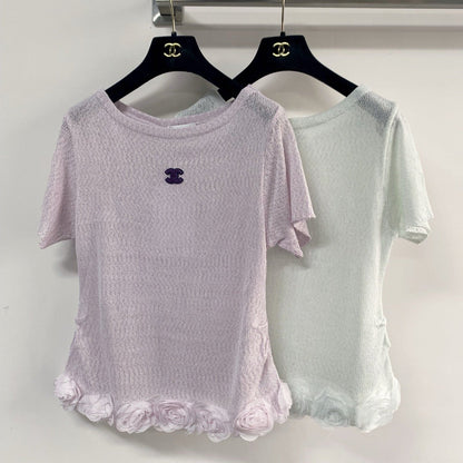 Chanel 2026 T-shirt with Flower Detail Purple Mint Green Wool Nylon 140475