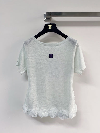 Chanel 2026 T-shirt with Flower Detail Purple Mint Green Wool Nylon 140475